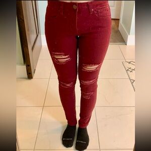 Maroon Distressed skinny jeans